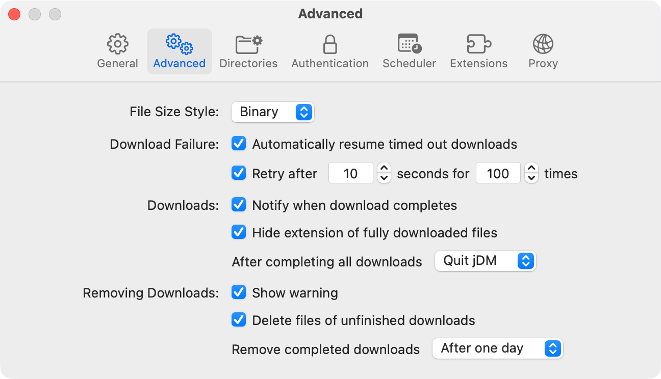 jDM Advanced Settings window on macOS displaying options for file size style, download failure recovery, notifications, resuming downloads, and actions after completion.