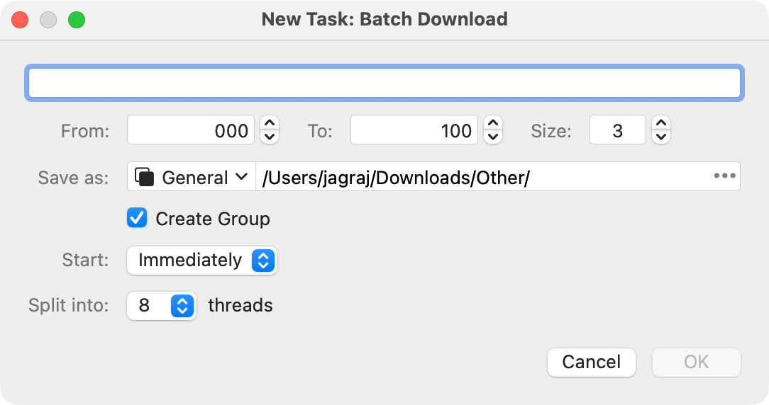 jDM Batch Download window showing numeric pattern input, save path selection, create group checkbox, start options, split into threads, and preview of generated download URLs.