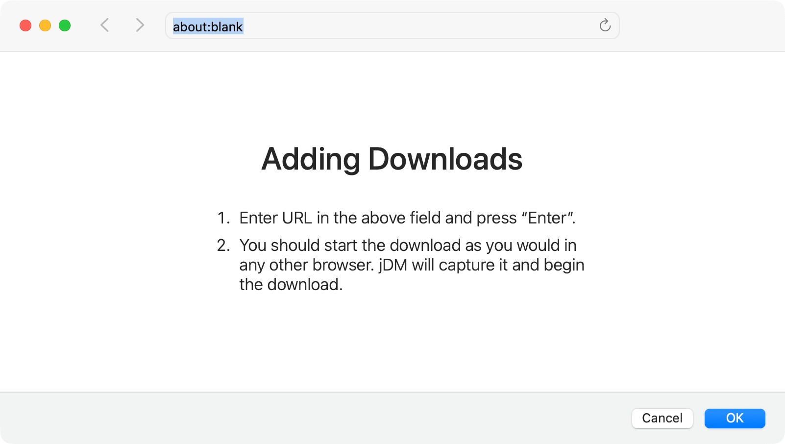 jDM built-in browser window capturing a download from a website, showing URL, login fields, and automatic download interception applying preset rules.