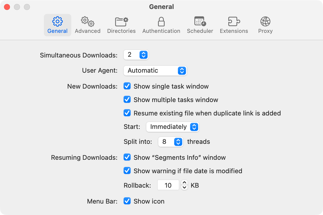 jDM General Settings window showing options for simultaneous downloads, user agent, new downloads, resuming downloads, and menu bar preferences on macOS.