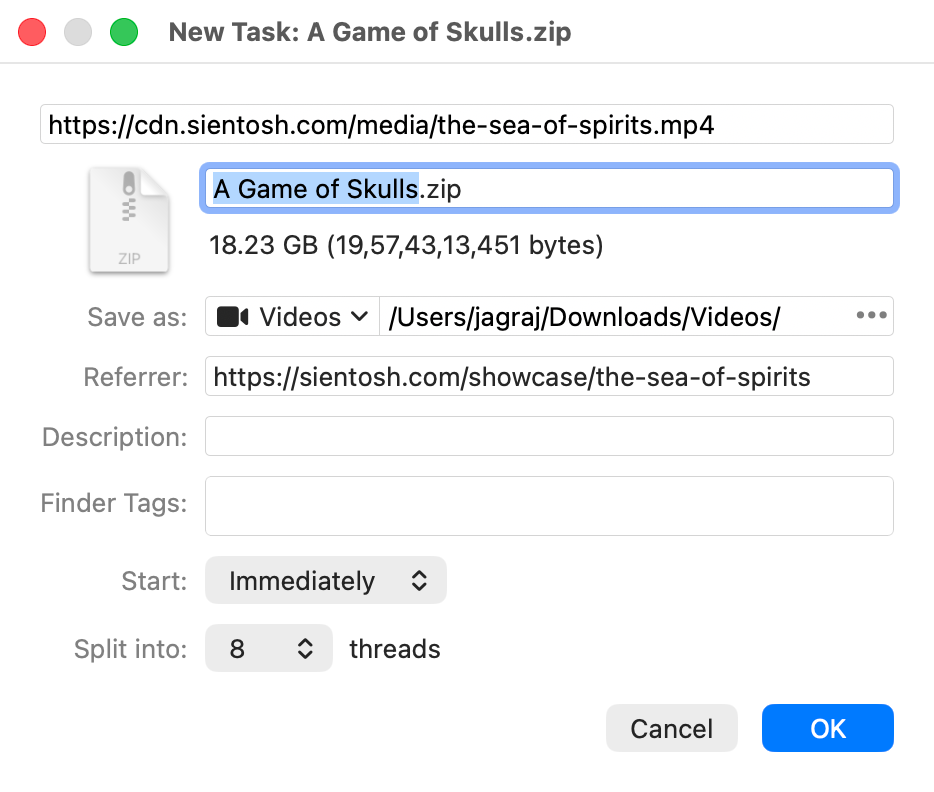 jDM New Task window showing a single download with options to edit filename, referrer, description, download type, threads, and Finder tag.