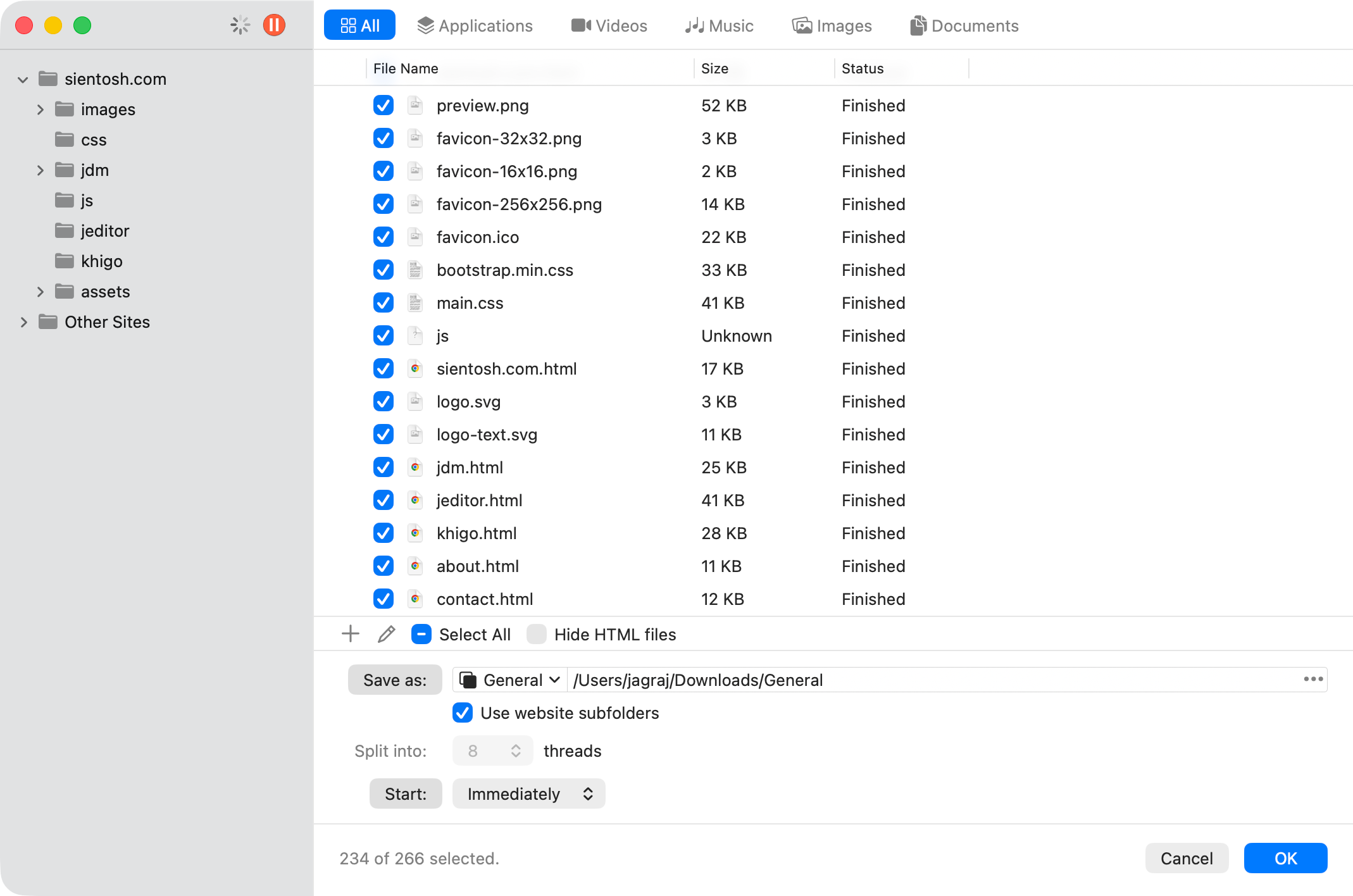 jDM Grab Websites window showing discovered website files with selection and grouping options for offline download on macOS.
