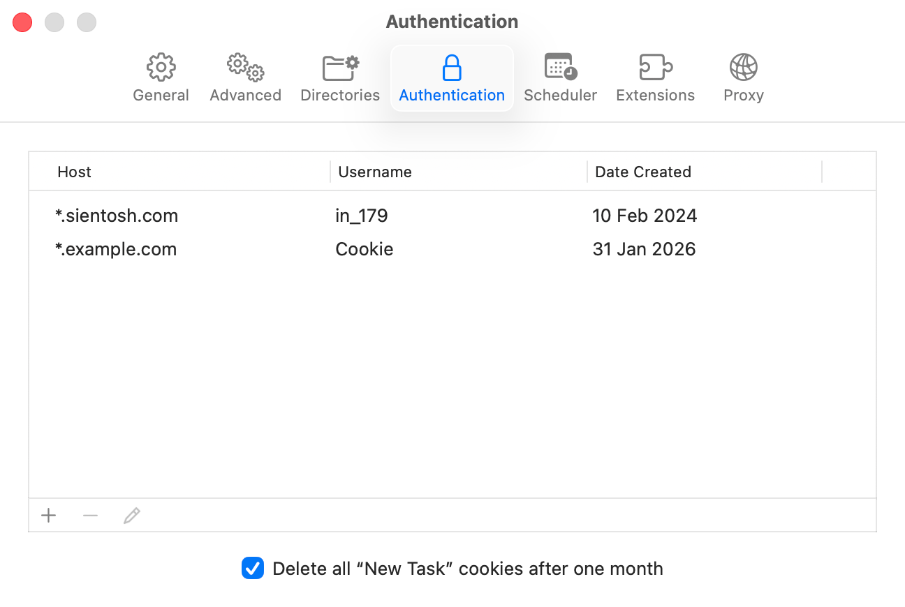 jDM Authentication settings window showing host, username, password, and cookies configuration for secure downloads.