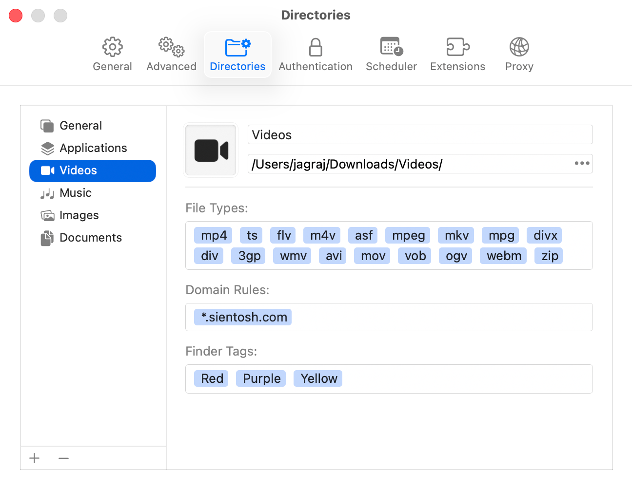jDM Directories settings window with custom download categories and folder paths for organizing files by type on Mac.