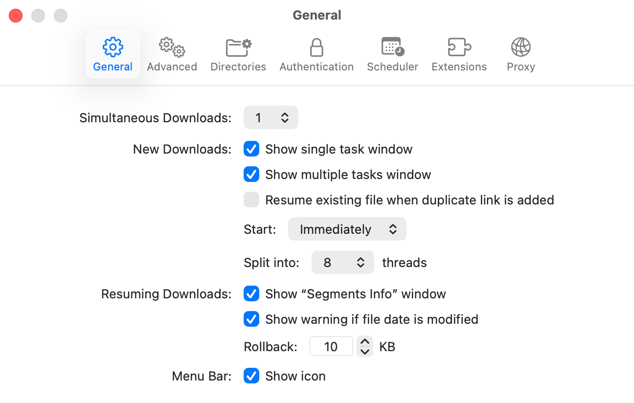 jDM General Settings window showing options for simultaneous downloads, user agent, new downloads, resuming downloads, and menu bar preferences on macOS.