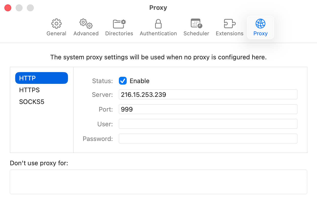 jDM Proxy settings window showing HTTP, HTTPS, and SOCKS5 configuration with server, port, user credentials, and domain exclusions for Mac downloads.
