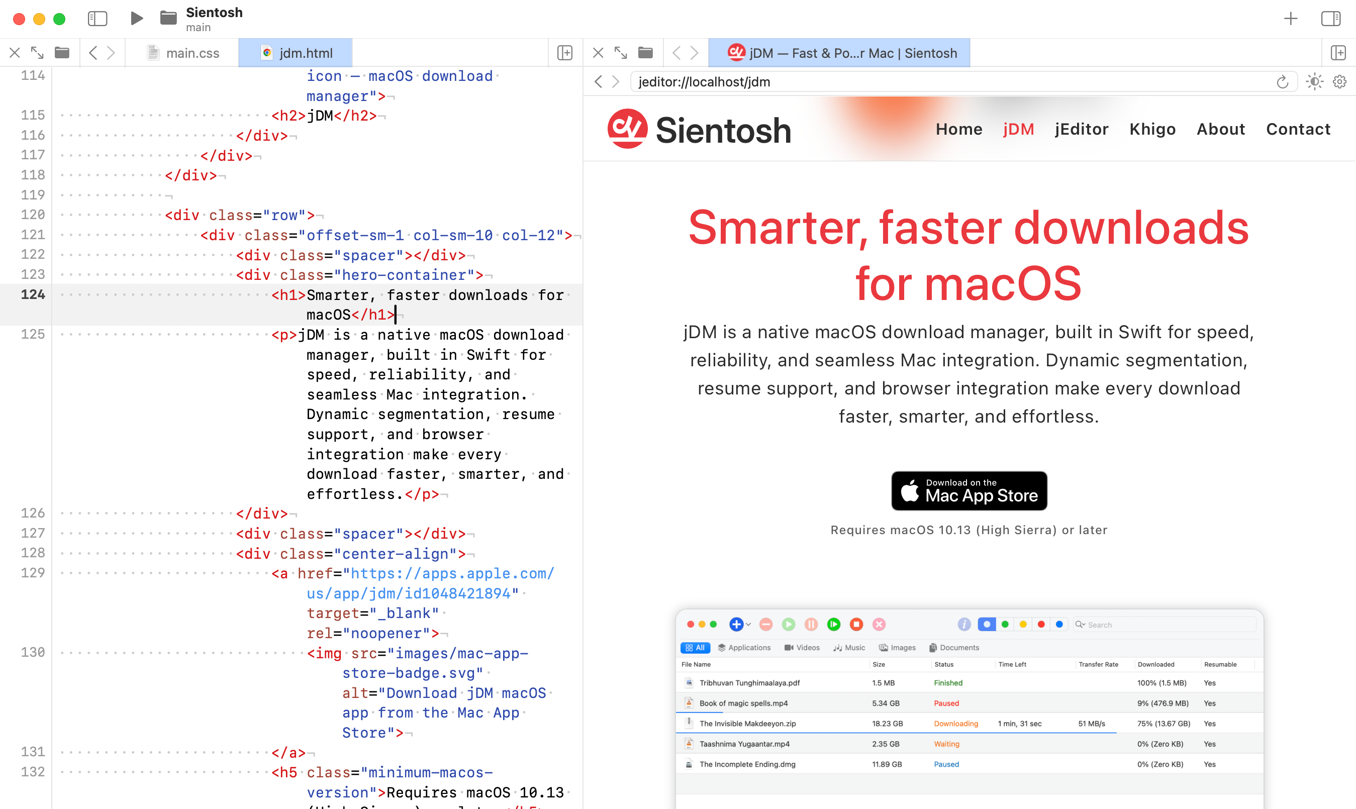 jEditor built-in server and browser preview showing live HTML, CSS, and JavaScript changes