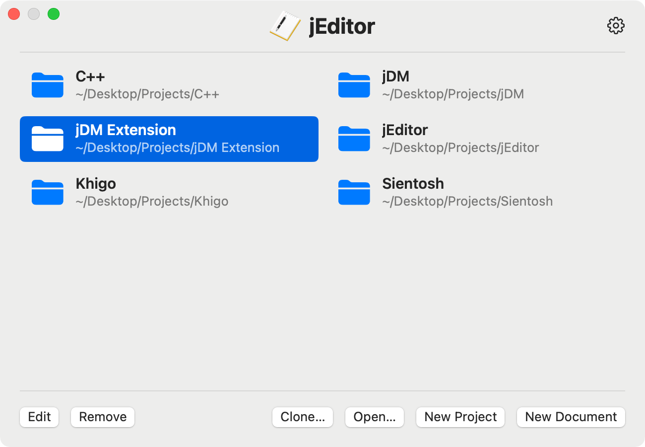jEditor showing projects in Launcher